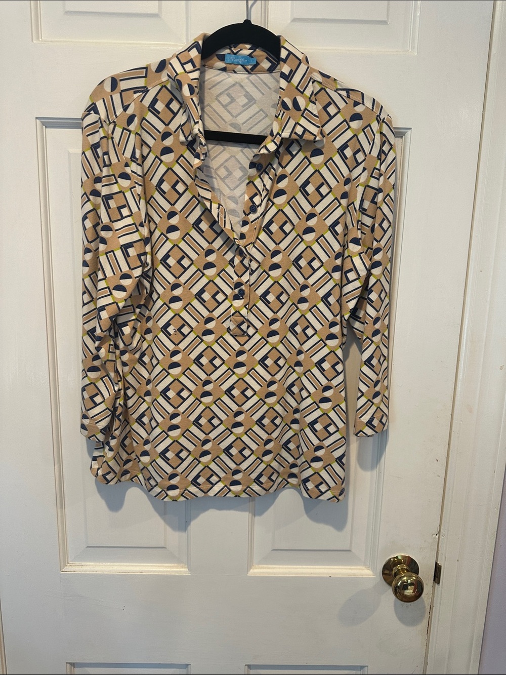J. McLaughlin Beige, Navy & Cream Geometric Button-Down Top